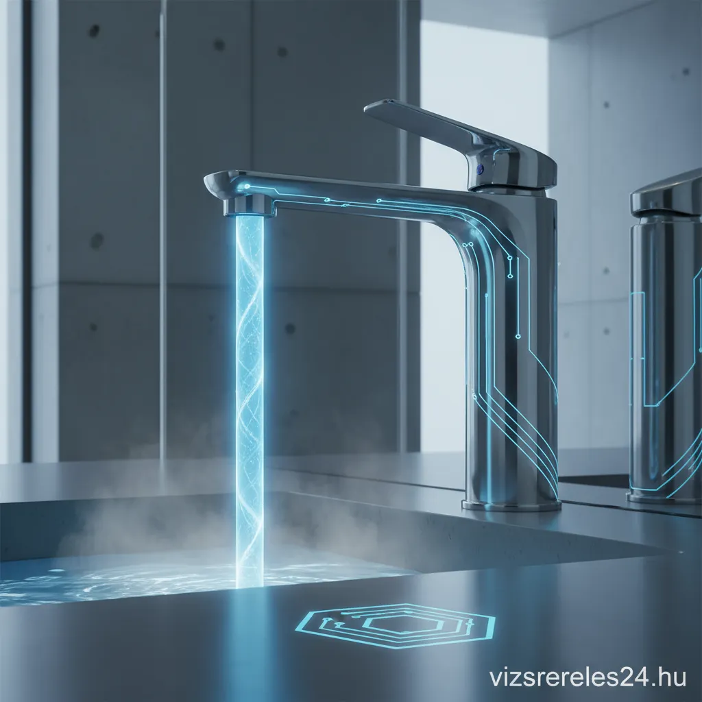 Futurisztikus csaptelep lebegő vízcseppekkel egy modern konyhában