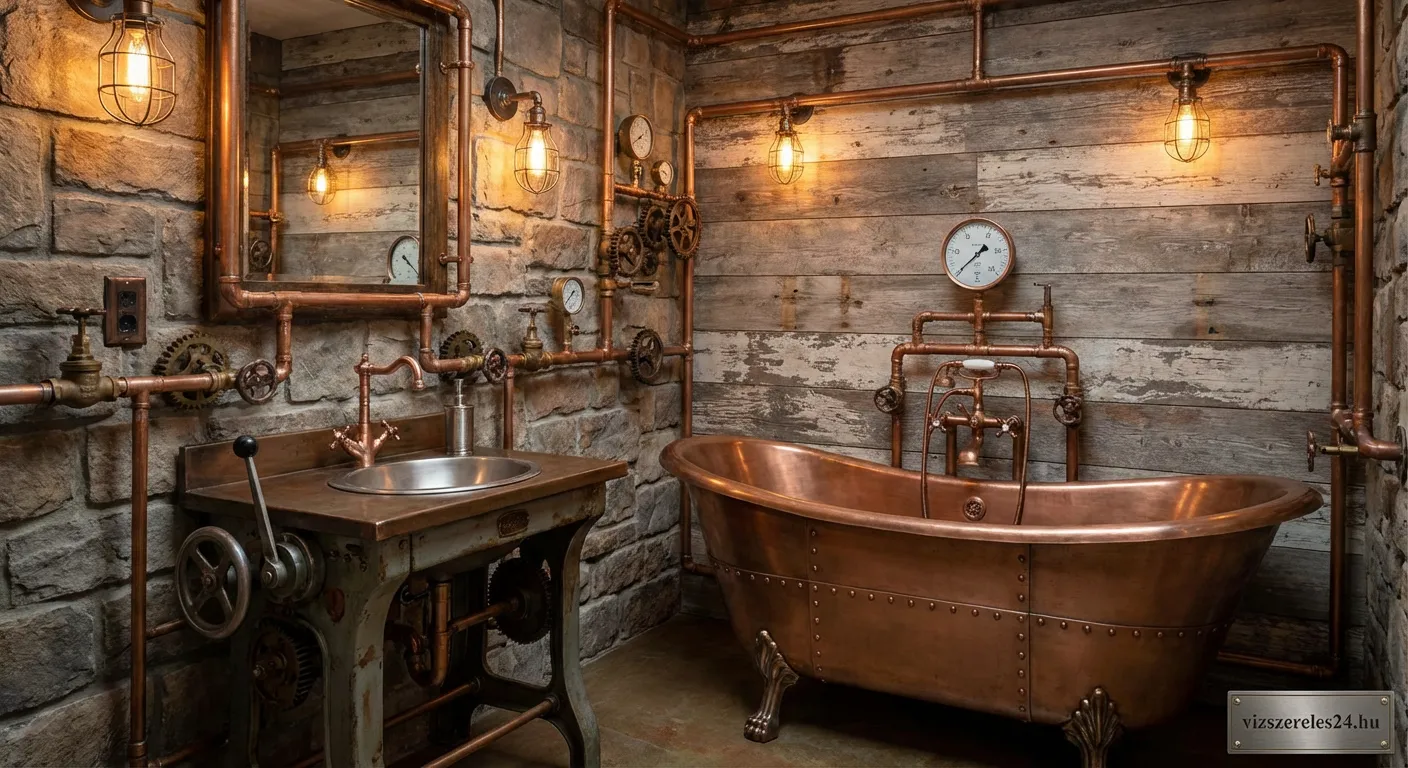 Steampunk stílusú fürdőszoba rézcsövekkel és ipari lámpákkal