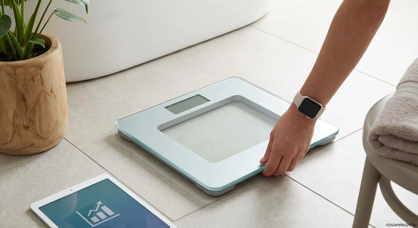Modern fürdőszobai digitális mérleg egy minimalista fürdőszobában