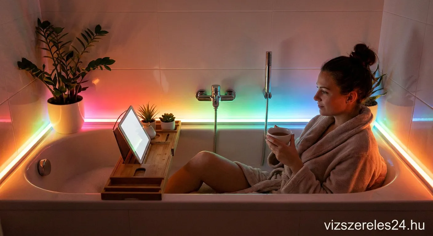 Modern fürdőszoba színes LED világítással és okos vezérléssel felszerelve