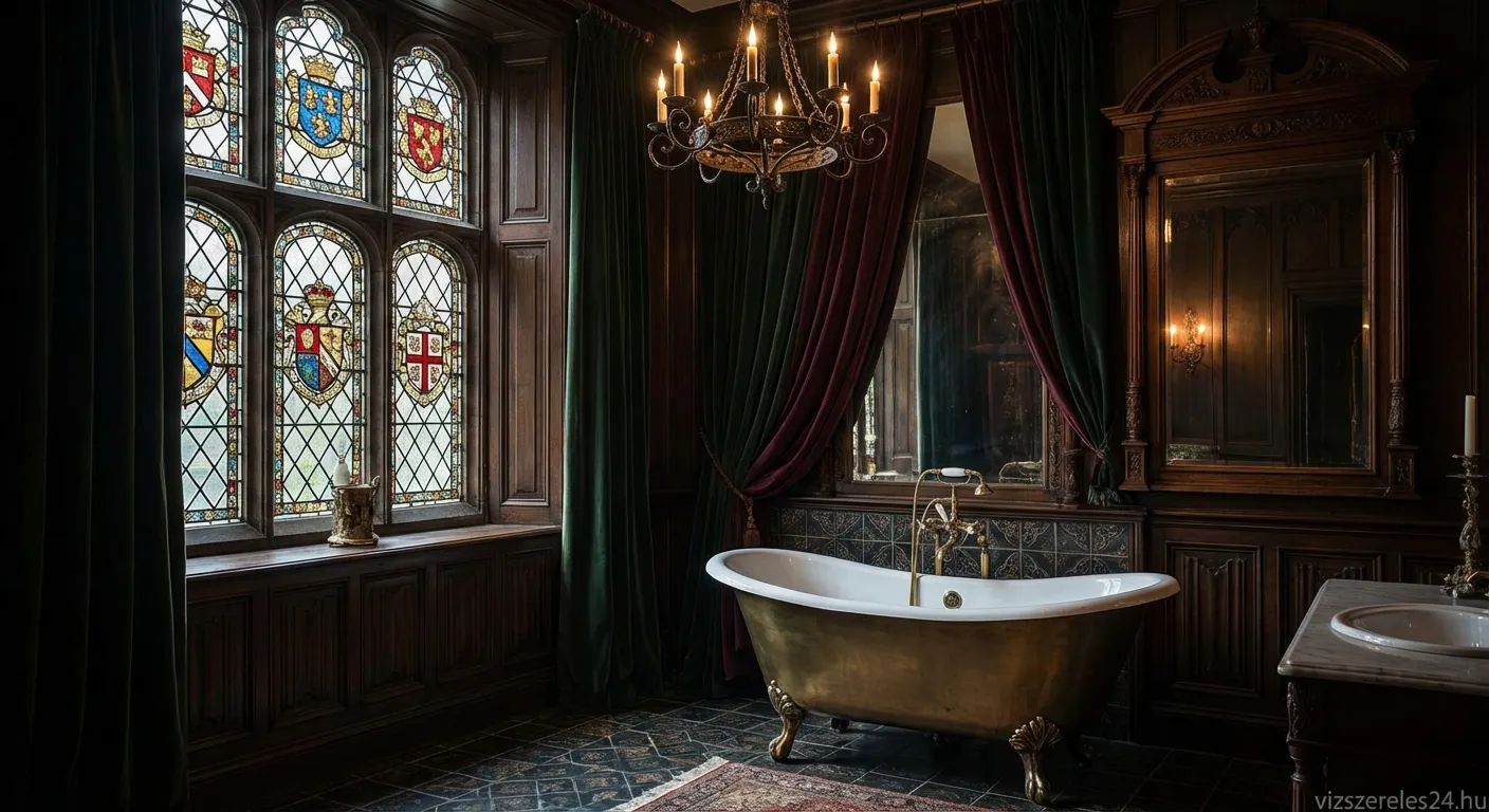 Victorian Gothic stílusú fürdőszoba sötét falakkal és lábas káddal