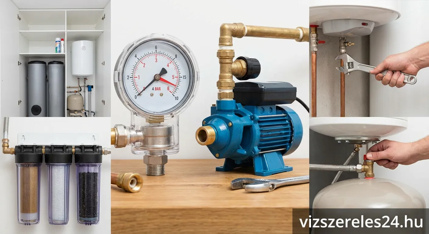 Szakember víznyomást mér egy lakás fürdőszobájában manométer segítségével
