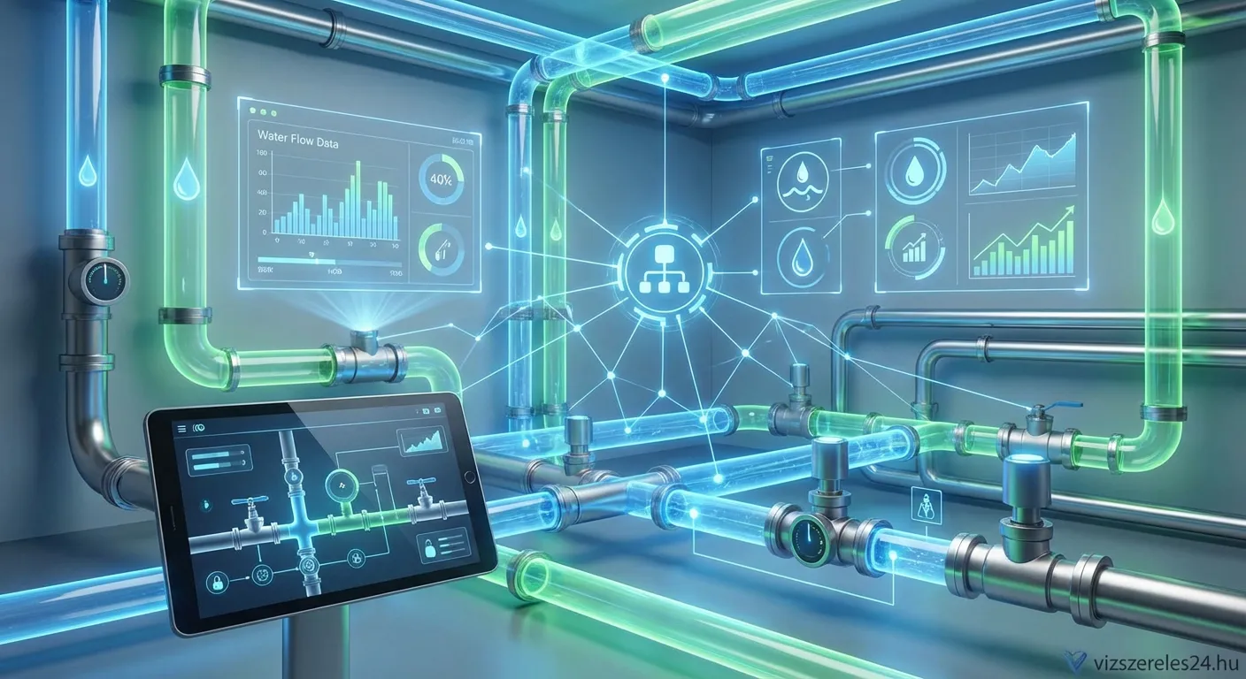 Vízszerelési IoT megoldások illusztrációja okostelefonnal és szivárgásérzékelővel
