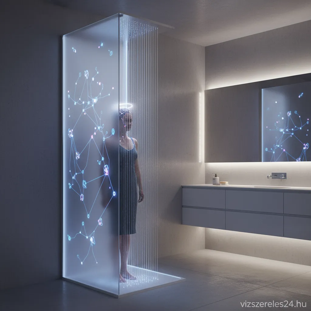Futurisztikus zuhanypanel neurális interfésszel egy modern fürdőszobában.